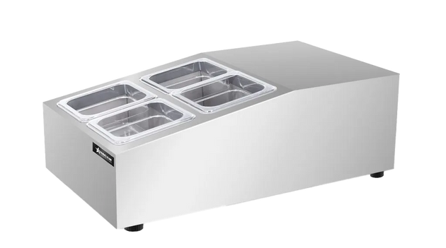 Omcan RS-CN-0004 15 inch countertop refrigerated prep rail with four 1/6 pans