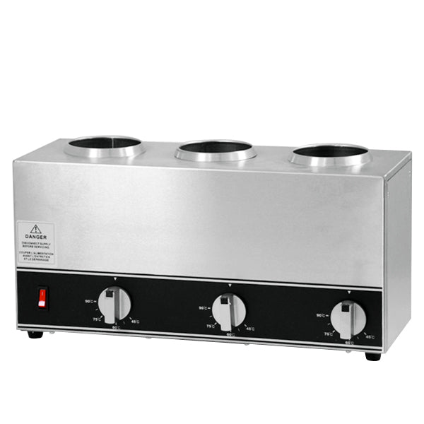 Omcan FW-CN-1603 triple bottle sauce warmer with three 32 oz squeeze bottles