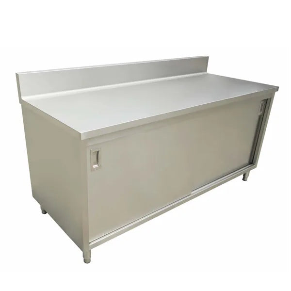 Omcan 43482 24 x 72 inch stainless steel worktable with sliding door cabinet and backsplash