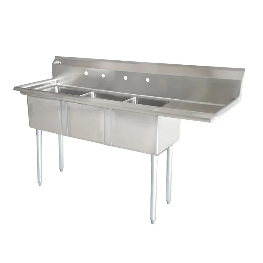 Omcan 25260 stainless steel three tub sink with corner drains and right drainboard