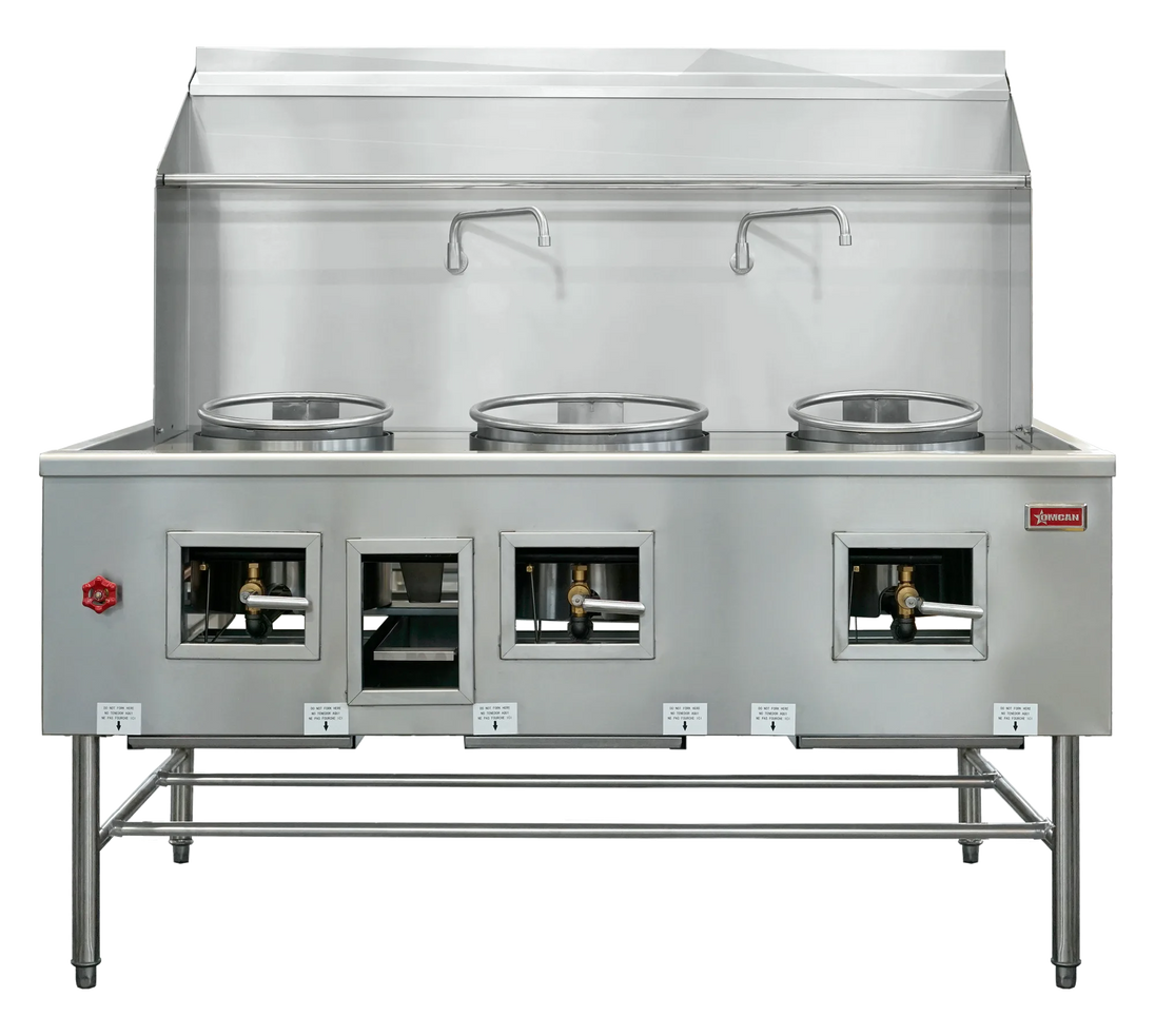 Omcan CE-CN-W3L1-NG three chamber natural gas wok range with two 13 inch rings and one 16 inch ring