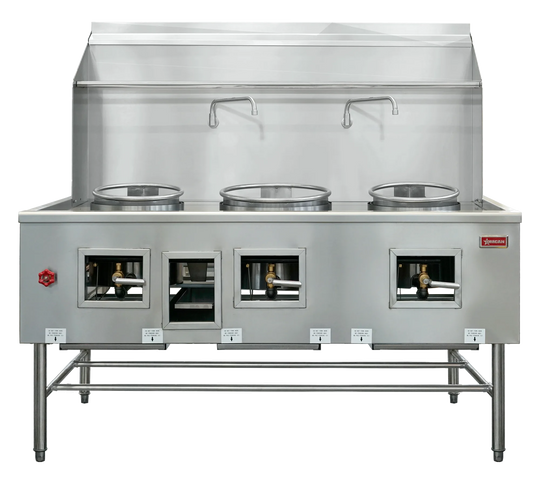 Omcan CE-CN-W3L1-NG three chamber natural gas wok range with two 13 inch rings and one 16 inch ring