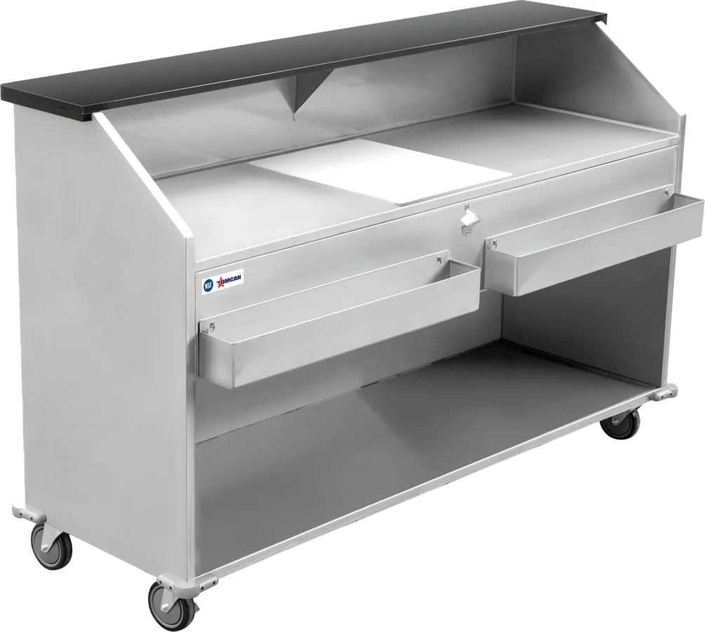 Omcan 48068 74 inch portable bar with open bottom, ice bin and speed rails