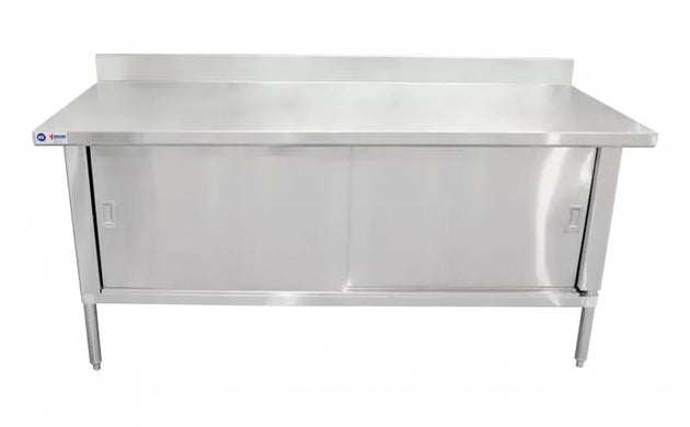 Omcan 24407 30 x 60 inch stainless steel worktable with enclosed cabinet, sliding doors and backsplash
