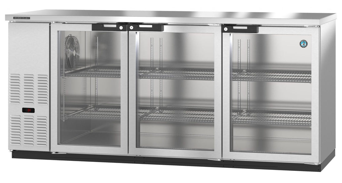 Hoshizaki BB80-G-S stainless steel three-section glass door back bar refrigerator