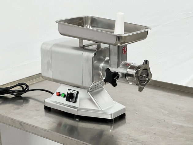 BakeMax BMMG003 15 Inch Electric Meat Grinder Aluminum with Gear Drive — BakeMax manufacturer photo, front left view showing controls