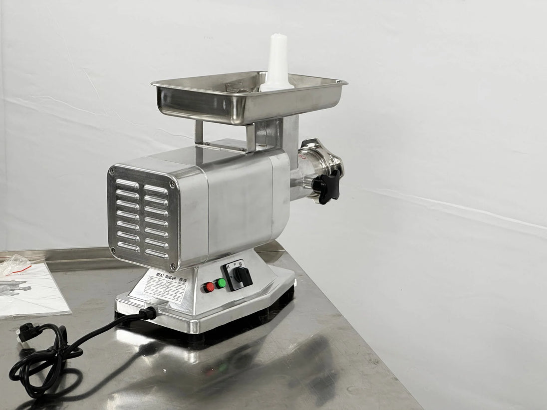 BakeMax BMMG004 660 lbs per hour Electric Meat Grinder Countertop Aluminum — BakeMax manufacturer photo, rear view with controls
