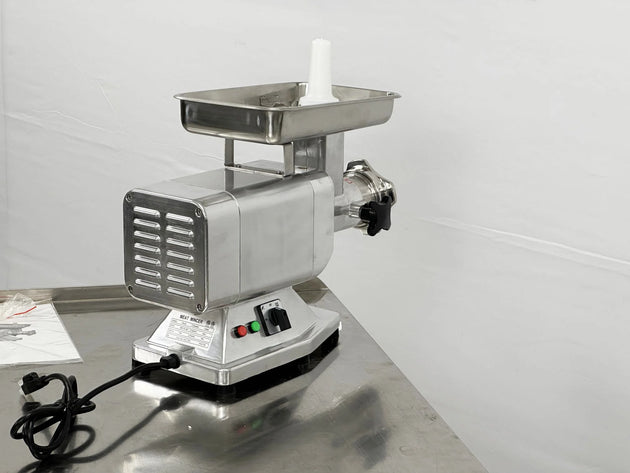 BakeMax BMMG004 660 lbs per hour Electric Meat Grinder Countertop Aluminum — BakeMax manufacturer photo, rear view with controls
