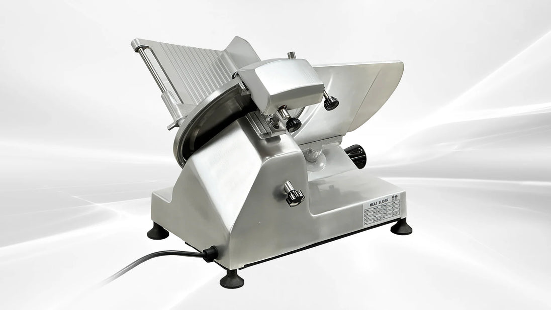 BakeMax BMMSM10 20 Inch Manual Meat Slicer Anodized Aluminum with Gravity Feed — BakeMax manufacturer photo, back right view