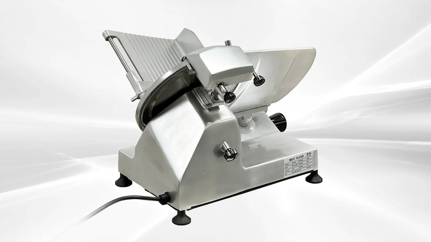 BakeMax BMMSM10 20 Inch Manual Meat Slicer Anodized Aluminum with Gravity Feed — BakeMax manufacturer photo, back right view