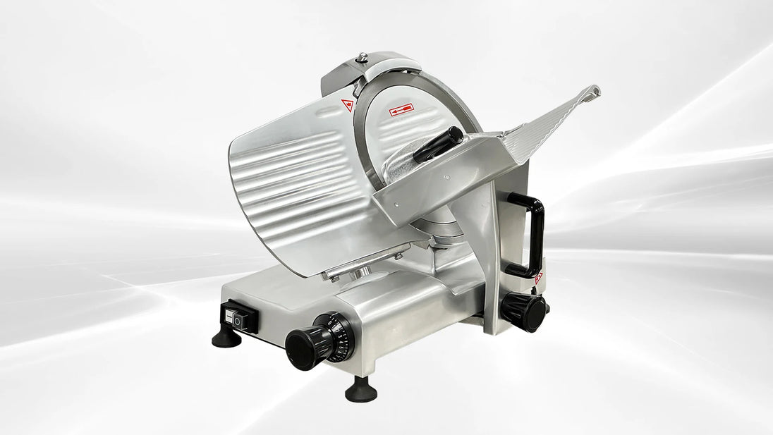BakeMax BMMSM10 20 Inch Manual Meat Slicer Anodized Aluminum with Gravity Feed — BakeMax manufacturer photo, front left view