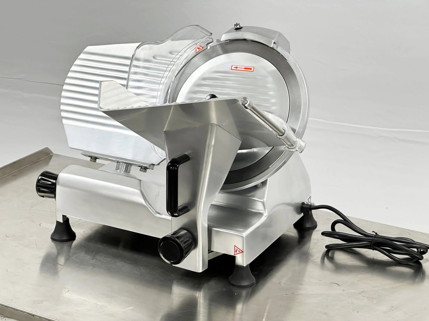 BakeMax BMMSM12 12 Inch Manual Meat Slicer Gravity Feed Anodized Aluminum — BakeMax manufacturer photo, front right view