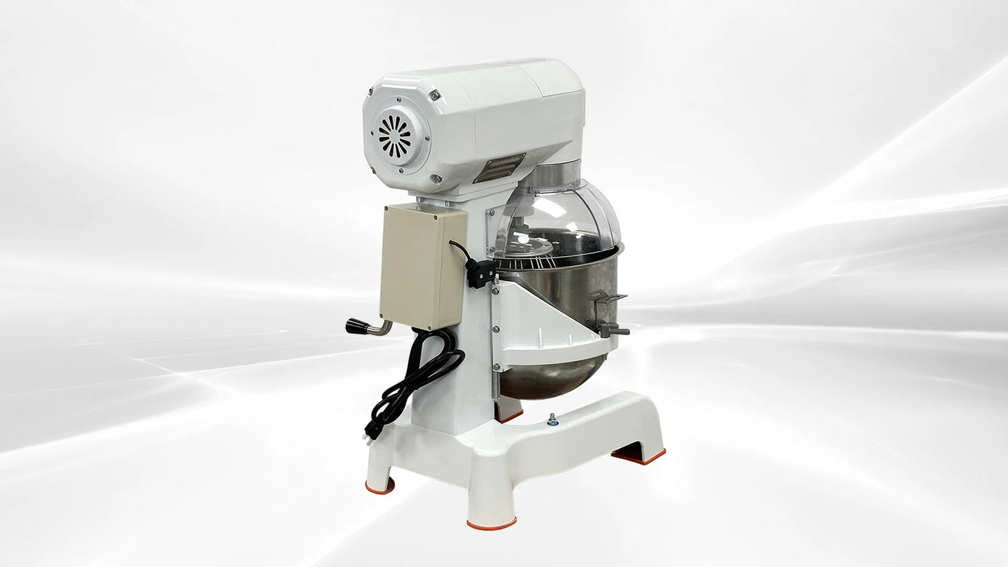 BakeMax BMPME20 20 Quart Planetary Mixer Gear Driven Countertop with Attachments — BakeMax manufacturer photo, back left view