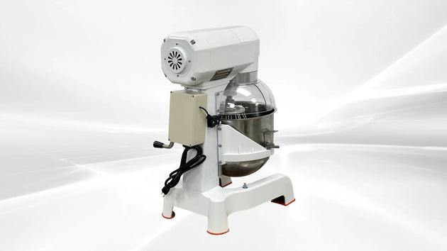 BakeMax BMPME20 20 Quart Planetary Mixer Gear Driven Countertop with Attachments — BakeMax manufacturer photo, back left view