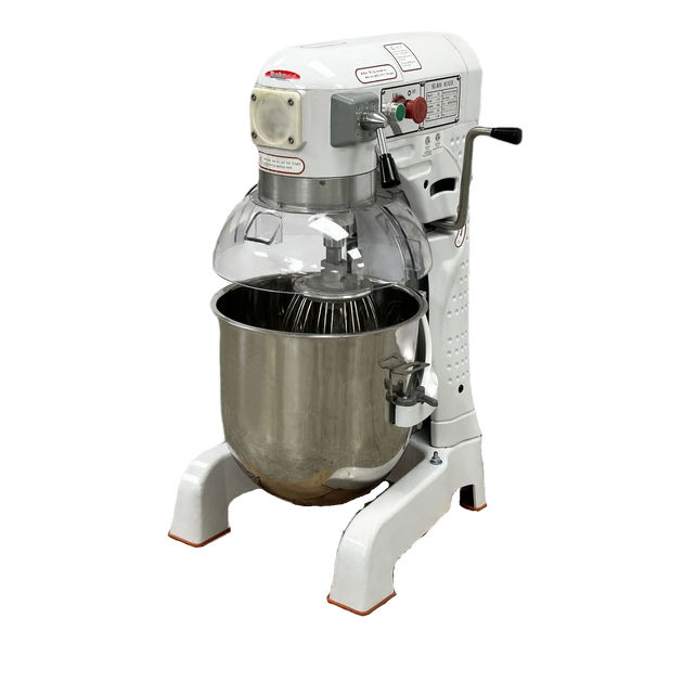 BakeMax BMPME30 20 Inch Wide Electric Planetary Mixer 30 Quarts with Attachments — BakeMax manufacturer photo, front view with bowl fitted