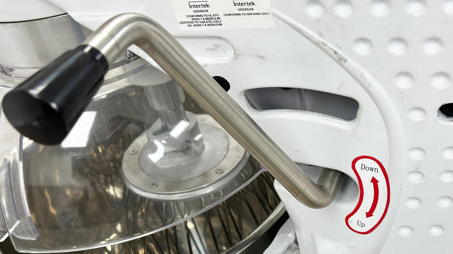 BakeMax BMPME30 20 Inch Wide Electric Planetary Mixer 30 Quarts with Attachments — BakeMax manufacturer photo, bowl lift and bowl guard detail