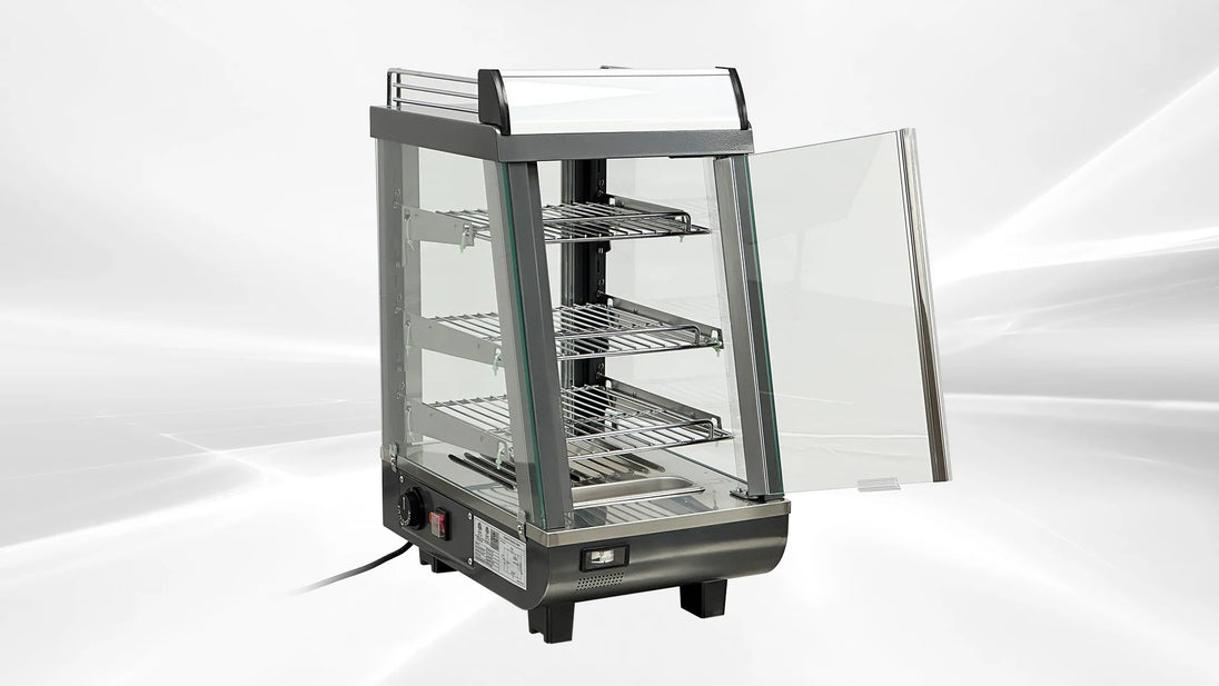 BakeMax BMTSC14 14 Inch Titan Series Heated Display Case Countertop Self Service — BakeMax manufacturer photo, front left view with rear door open