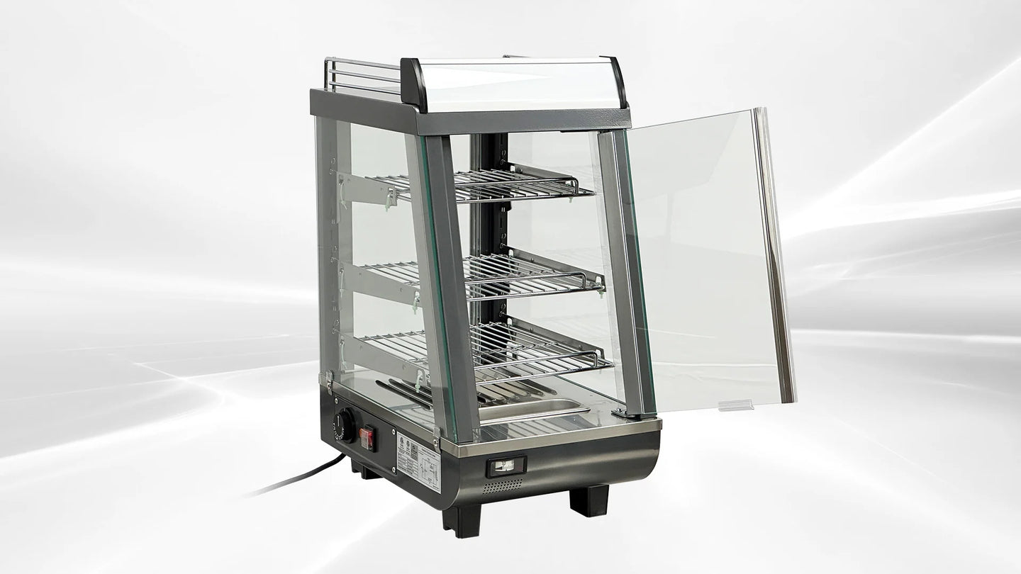 BakeMax BMTSC14 14 Inch Titan Series Heated Display Case Countertop Self Service — BakeMax manufacturer photo, front left view with rear door open