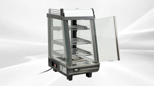 BakeMax BMTSC14 14 Inch Titan Series Heated Display Case Countertop Self Service — BakeMax manufacturer photo, front left view with rear door open