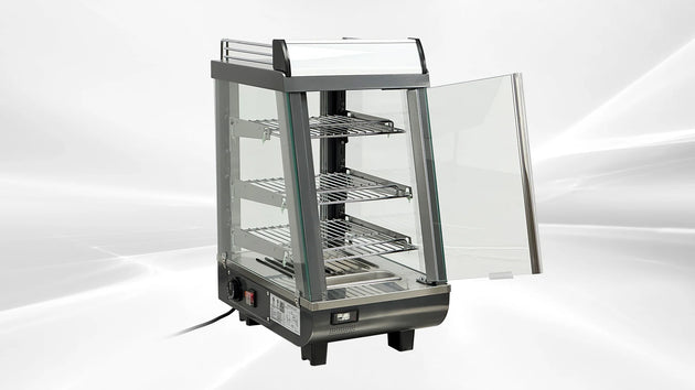 BakeMax BMTSC14 14 Inch Titan Series Heated Display Case Countertop Self Service — BakeMax manufacturer photo, front left view with rear door open