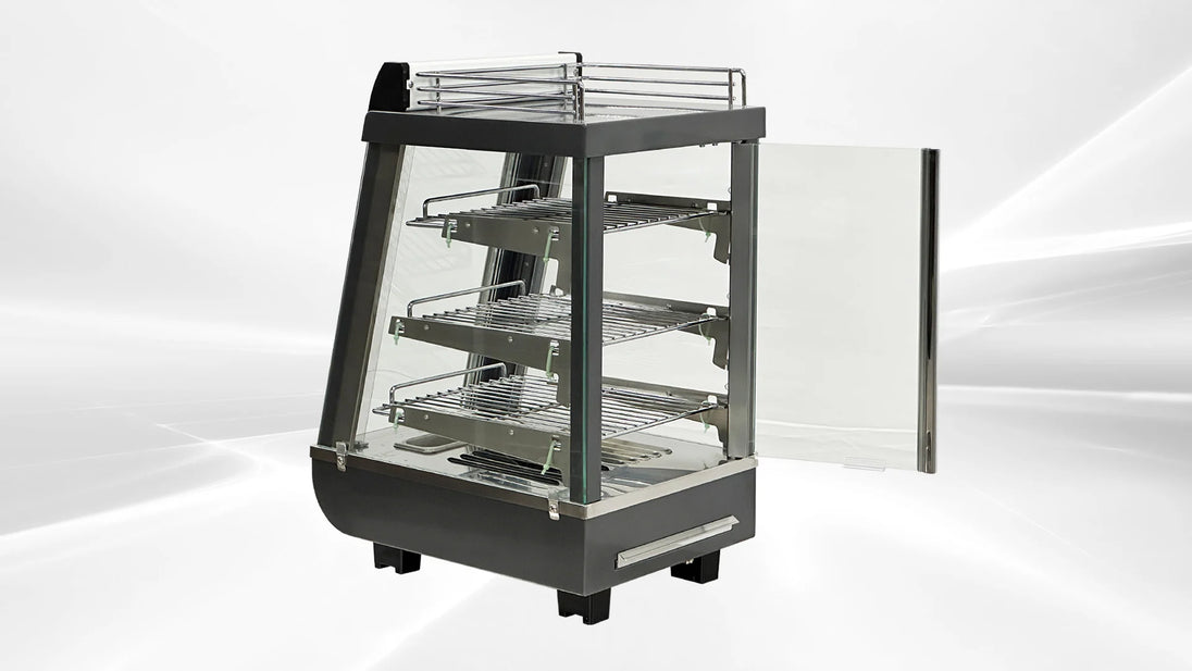 BakeMax BMTSC14 14 Inch Titan Series Heated Display Case Countertop Self Service — BakeMax manufacturer photo, rear view with door open