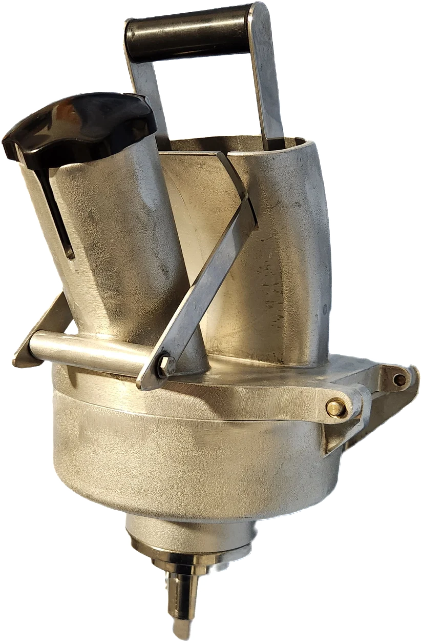 BakeMax BMVS001 Vegetable Slicer Attachment with Stainless Steel Knife — BakeMax manufacturer photo, angled view with feed chute and pusher
