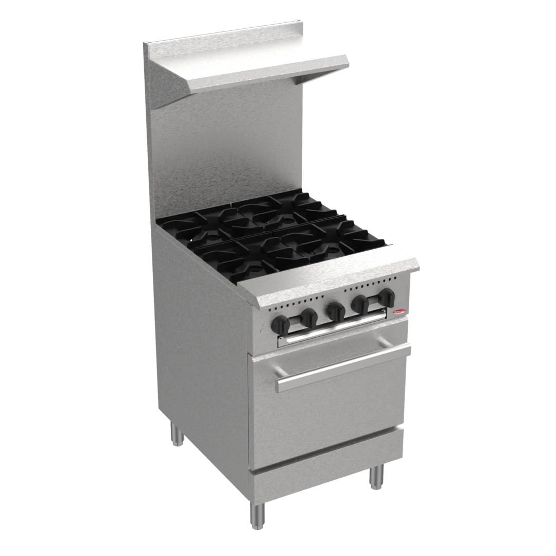 BakeMax BAS24O 24 Inch Restaurant Series Range Gas with 4 Burners 150000 BTU — BakeMax manufacturer photo, wide burner gas range with bakery oven