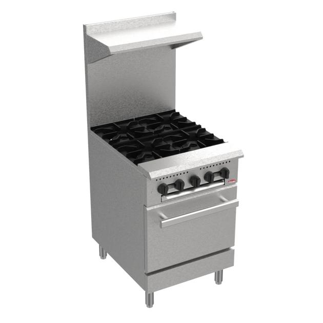 BakeMax BAS24O 24 Inch Restaurant Series Range Gas with 4 Burners 150000 BTU — BakeMax manufacturer photo, wide burner gas range with bakery oven