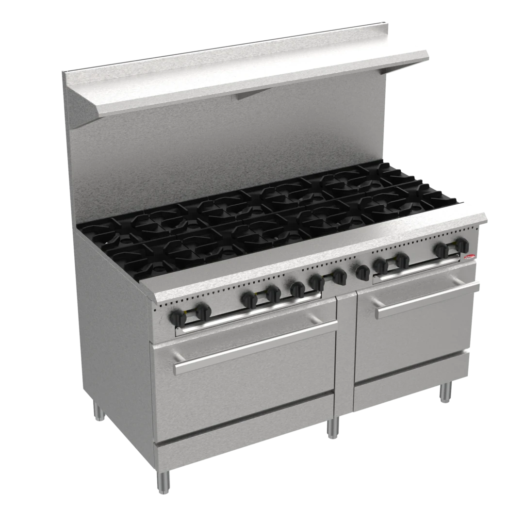 BakeMax BAS60O 60 Inch Gas Range with 10 Open Cast Iron Burners and 2 Ovens — BakeMax manufacturer photo, burner gas range and two bakery ovens