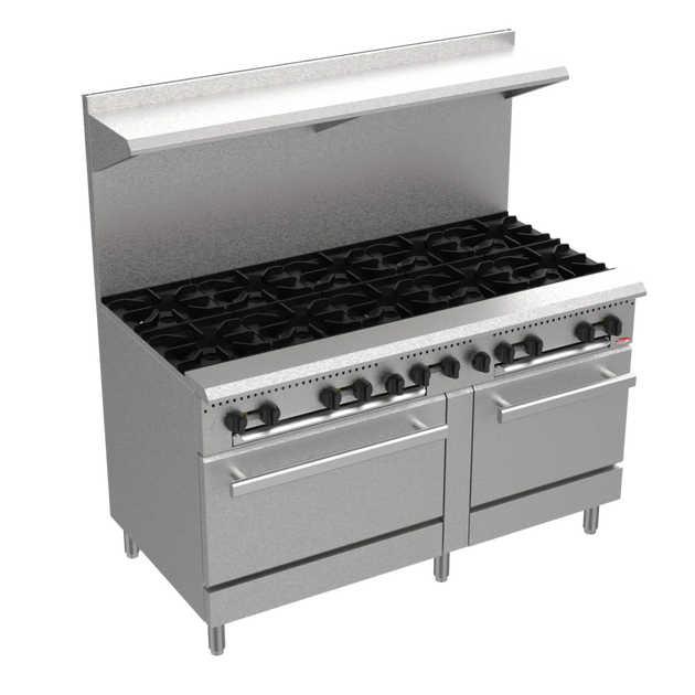 BakeMax BAS60O 60 Inch Gas Range with 10 Open Cast Iron Burners and 2 Ovens — BakeMax manufacturer photo, burner gas range and two bakery ovens