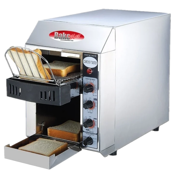 BakeMax BMCT150 13 Inch Conveyor Toaster Electric 180 Pieces with Crumb Tray — BakeMax manufacturer photo, conveyor toaster with toast