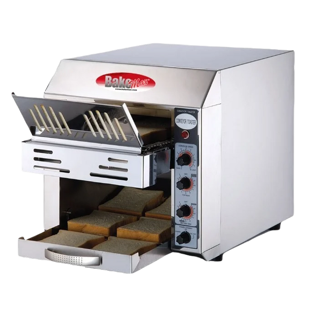 BakeMax BMCT300 14 Inch Countertop Electric Conveyor Toaster with Quartz Elements — BakeMax manufacturer photo, conveyor toaster with toast