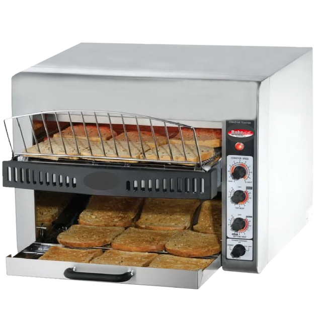 BakeMax BMCT450 3-Slice Wide Conveyor Toaster Countertop Electric with Quartz Elements — BakeMax manufacturer photo, conveyor toaster with toast