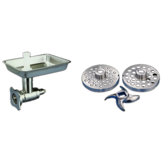 BakeMax BMMGA01 8 Inch Stainless Steel Meat Grinder Attachment with Sausage Stuffer — BakeMax manufacturer photo, attachment shown with grinder plates and knife