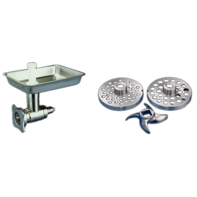 BakeMax BMMGA01 8 Inch Stainless Steel Meat Grinder Attachment with Sausage Stuffer — BakeMax manufacturer photo, attachment shown with grinder plates and knife