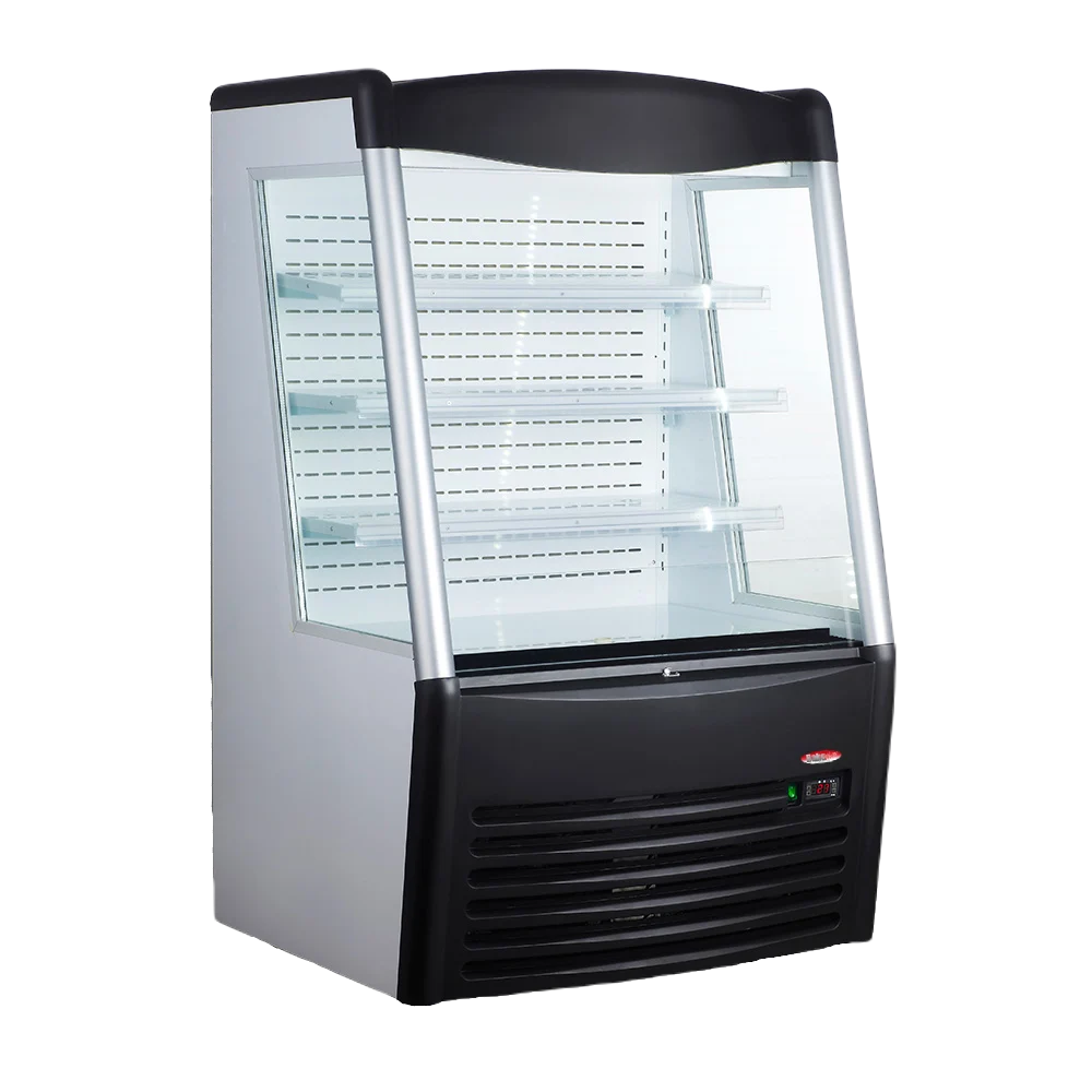 BakeMax BMGG036 36 Inch Refrigerator Merchandiser with LED Lights and Night Curtain — BakeMax manufacturer photo, floor model refrigerated display case