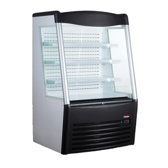 BakeMax BMGG036 36 Inch Refrigerator Merchandiser with LED Lights and Night Curtain — BakeMax manufacturer photo, floor model refrigerated display case