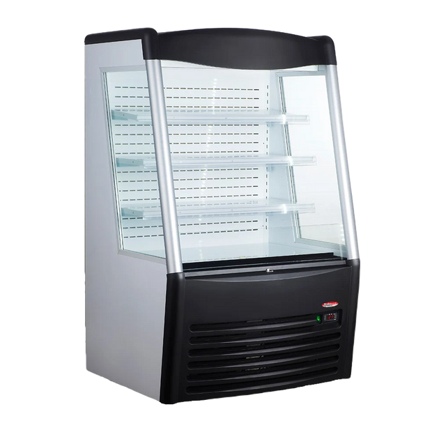 BakeMax BMGG036 36 Inch Refrigerator Merchandiser with LED Lights and Night Curtain — BakeMax manufacturer photo, floor model refrigerated display case