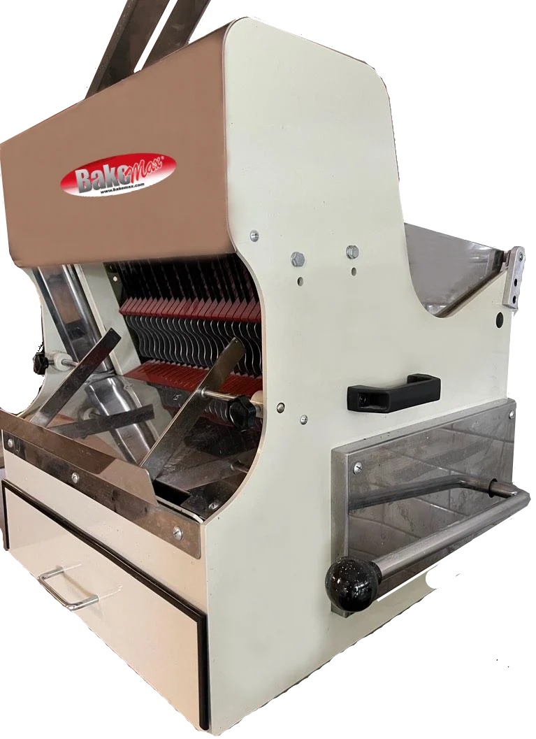 BakeMax BMSS001 15 Inch Max Length Manual Controls Bread Slicer Countertop — BakeMax manufacturer photo, front view with blade cage and crumb drawer