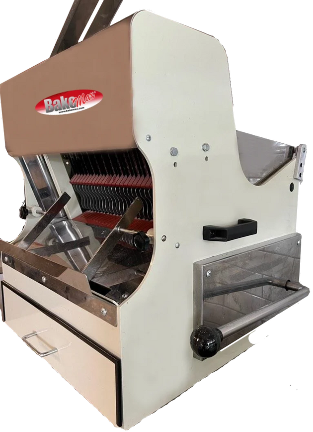 BakeMax BMSS001 15 Inch Max Length Manual Controls Bread Slicer Countertop — BakeMax manufacturer photo, front view with blade cage and crumb drawer