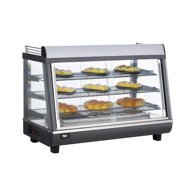 BakeMax BMTSC36 36 Inch Heated Display Case Countertop Full Service Glass — BakeMax manufacturer photo, case stocked with baked goods