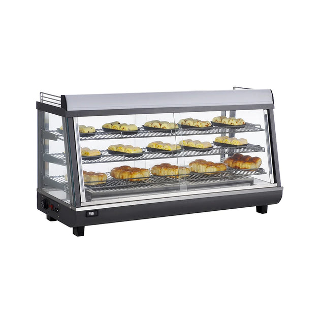 BakeMax BMTSC48 48 Inch Heated Warmer Display Case Countertop Self Service — BakeMax manufacturer photo, case stocked with baked goods