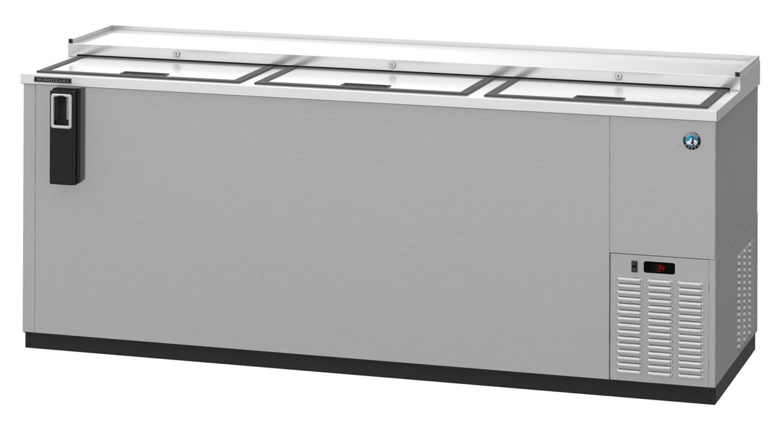 Hoshizaki CC80-S stainless steel three-section back bar bottle cooler with slide top doors