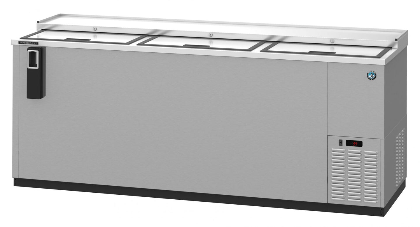 Hoshizaki CC80-S stainless steel three-section back bar bottle cooler with slide top doors
