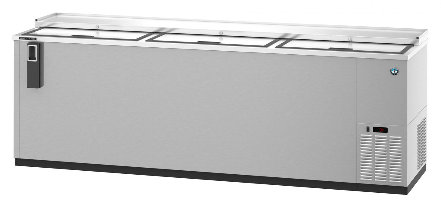 Hoshizaki CC95-S stainless steel three-section back bar bottle cooler with slide top doors