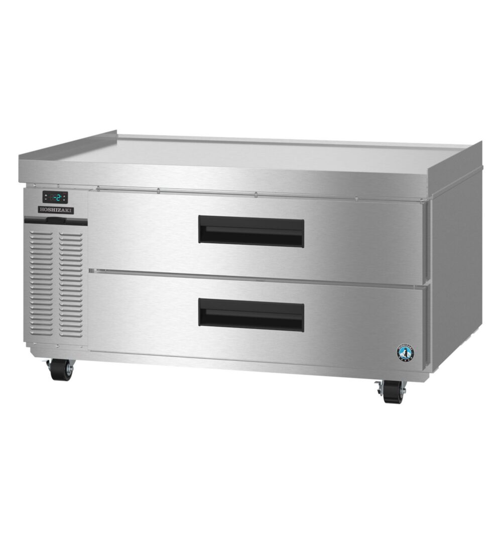 Hoshizaki CF49B-L 49 inch Steelheart chef base freezer, left three-quarter view with two stainless steel drawers
