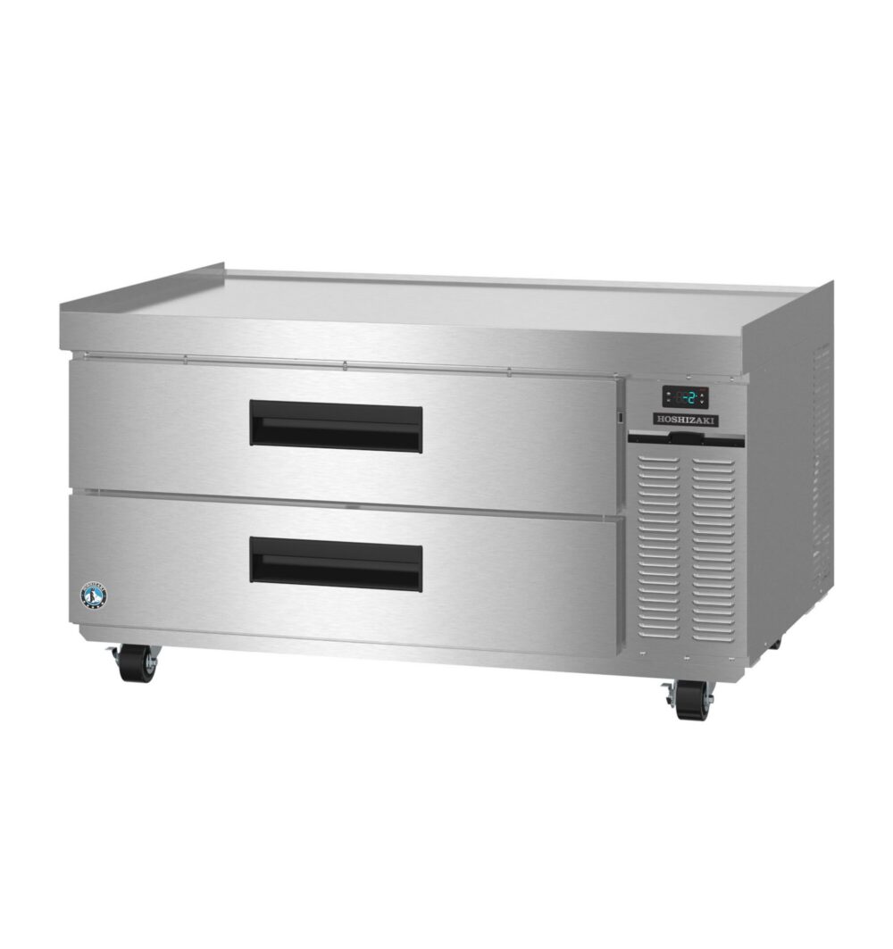 Hoshizaki CF49B 49 inch Steelheart chef base freezer, left three-quarter view with two stainless steel drawers