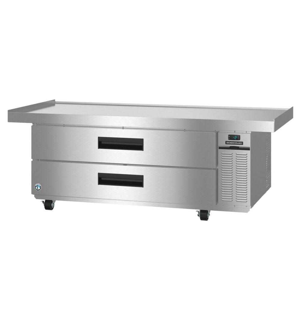Hoshizaki CF72B 72 inch Steelheart chef base freezer, left three-quarter view with two stainless steel drawers