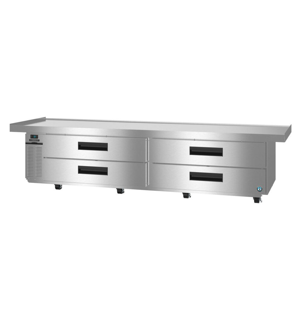 Hoshizaki CR110B-L Steelheart Series refrigerated chef base with four stainless drawers and left condenser