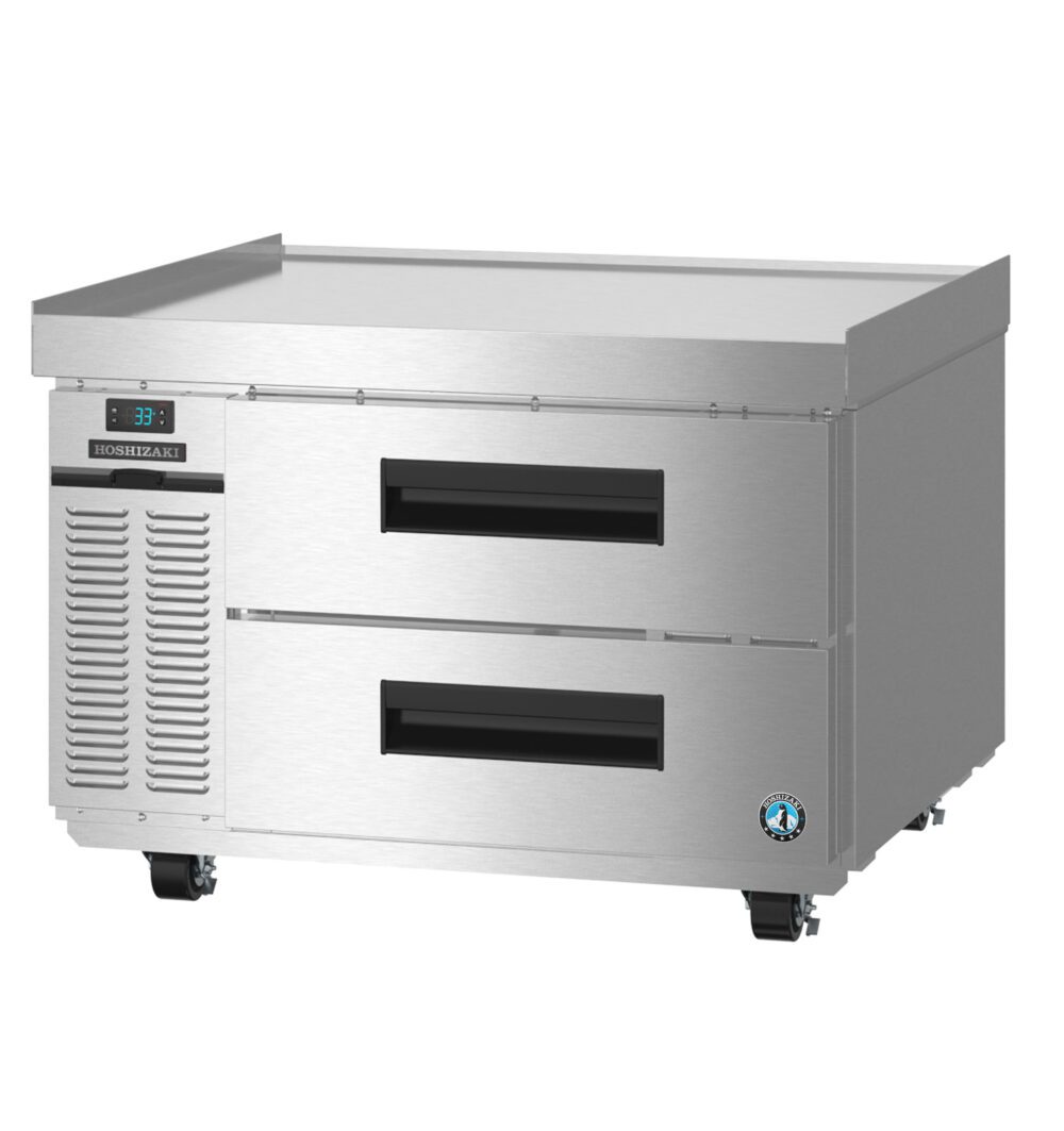 Hoshizaki CR36B-L Steelheart Series refrigerated chef base with two stainless drawers and left condenser